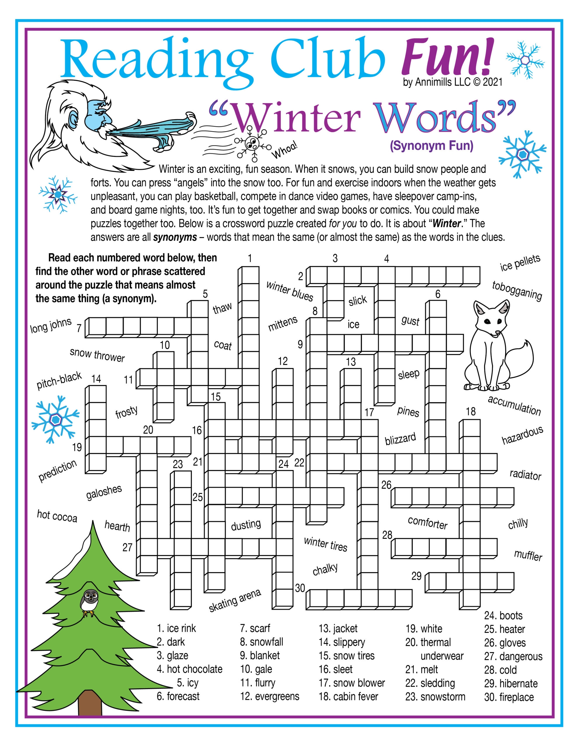 Winter Vocabulary Synonyms Printable Crossword Puzzle U0026 Word 