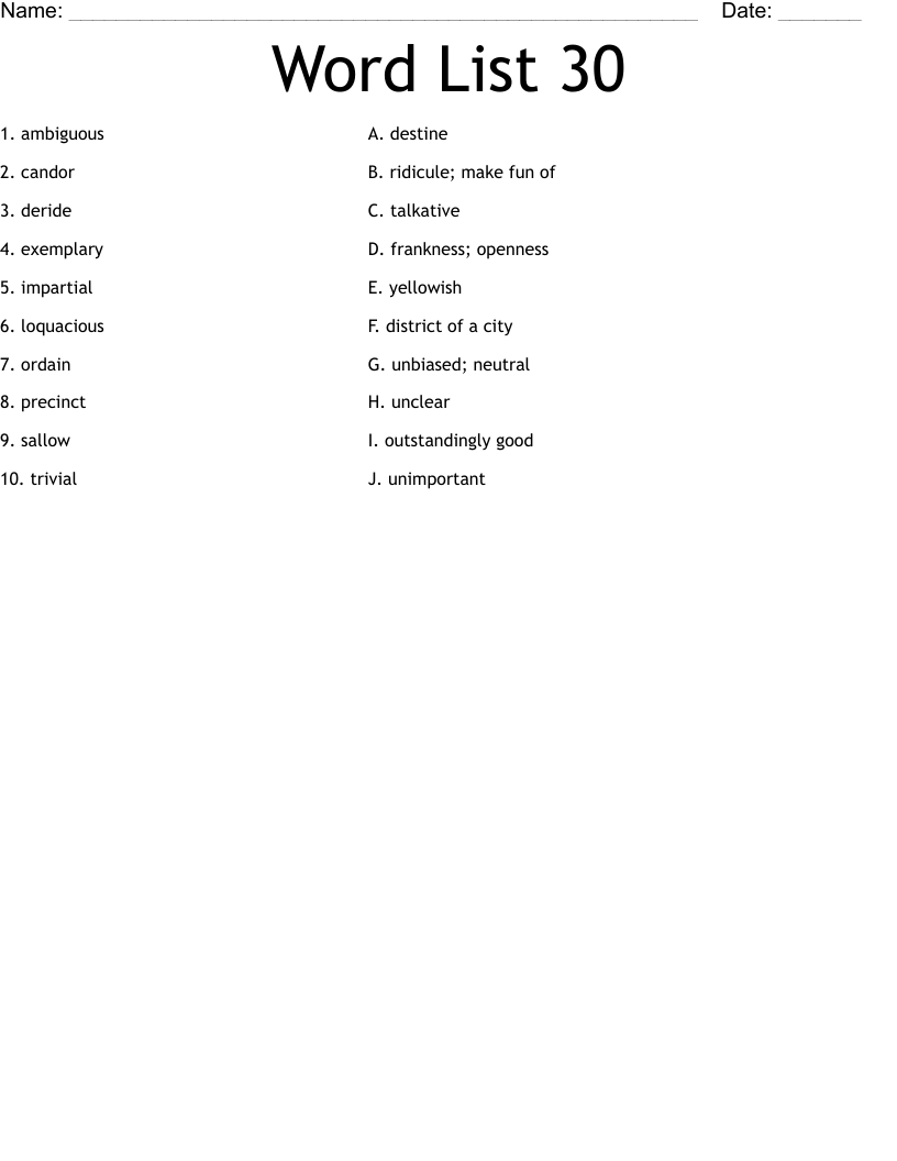 Word List 30 Worksheet WordMint