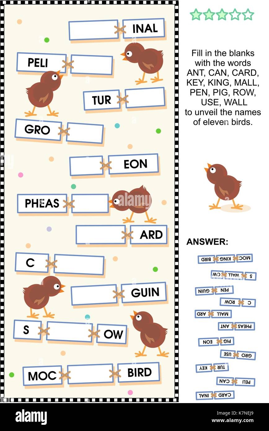 Word Puzzle Or Word Game Fill In The Blanks With The Words Provided To Make The Names Of Various Birds Answer Included Stock Vector Image U0026 Art Alamy