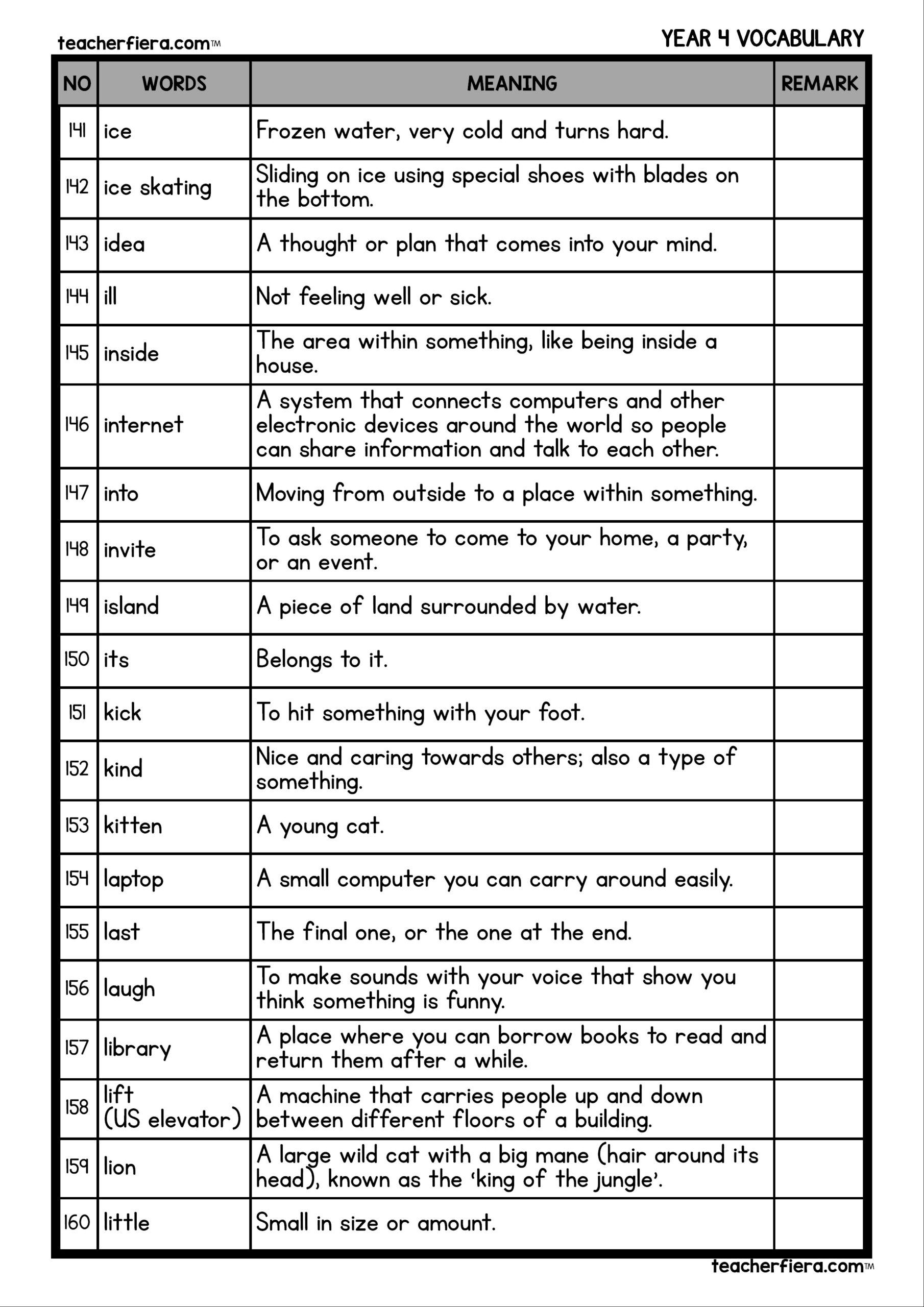 YEAR 4 VOCABULARY WORDS AND MEANING Teacherfiera