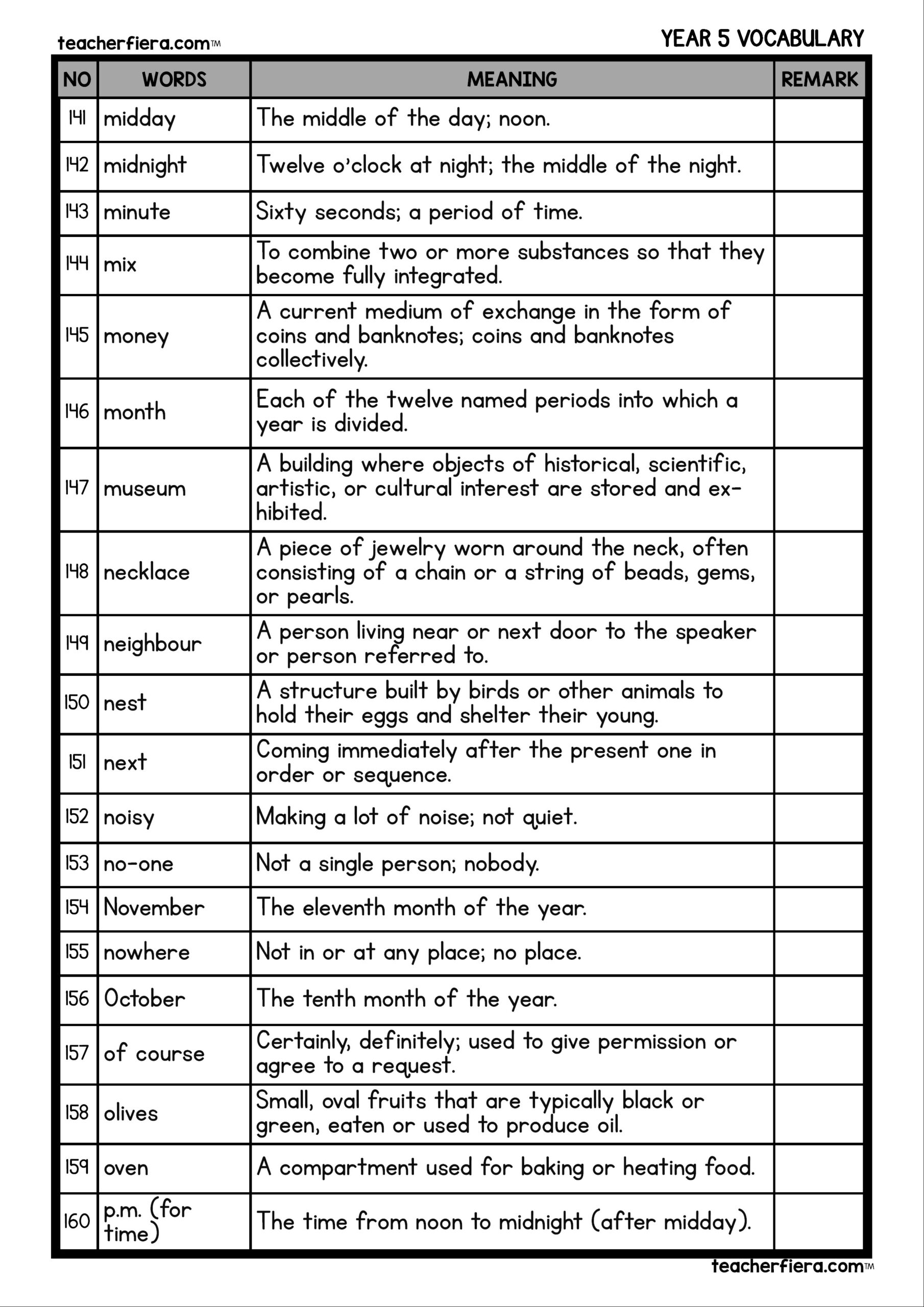 YEAR 5 VOCABULARY WORDS AND MEANING Teacherfiera