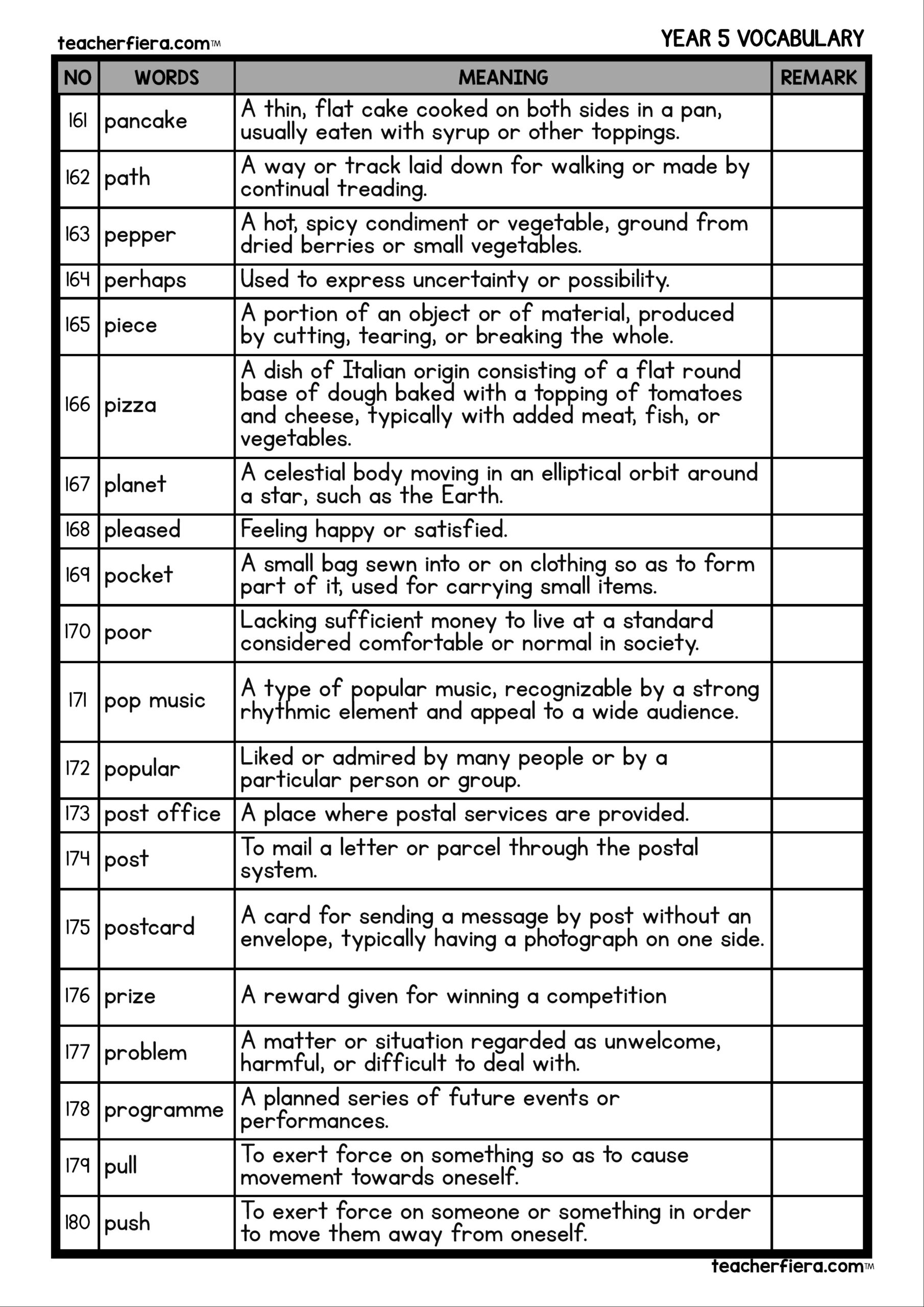 YEAR 5 VOCABULARY WORDS AND MEANING Teacherfiera