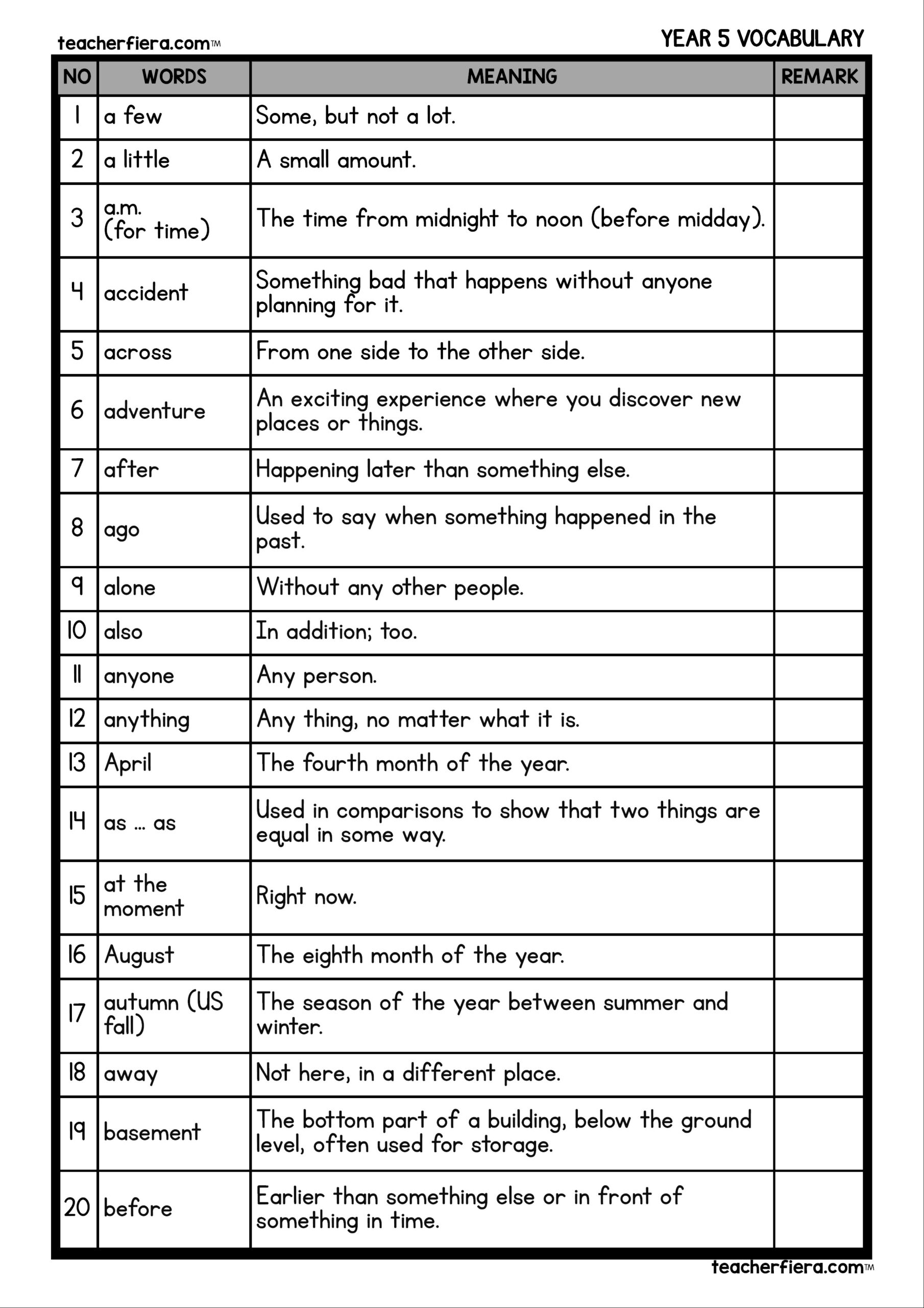 grade 5 vocabulary words list