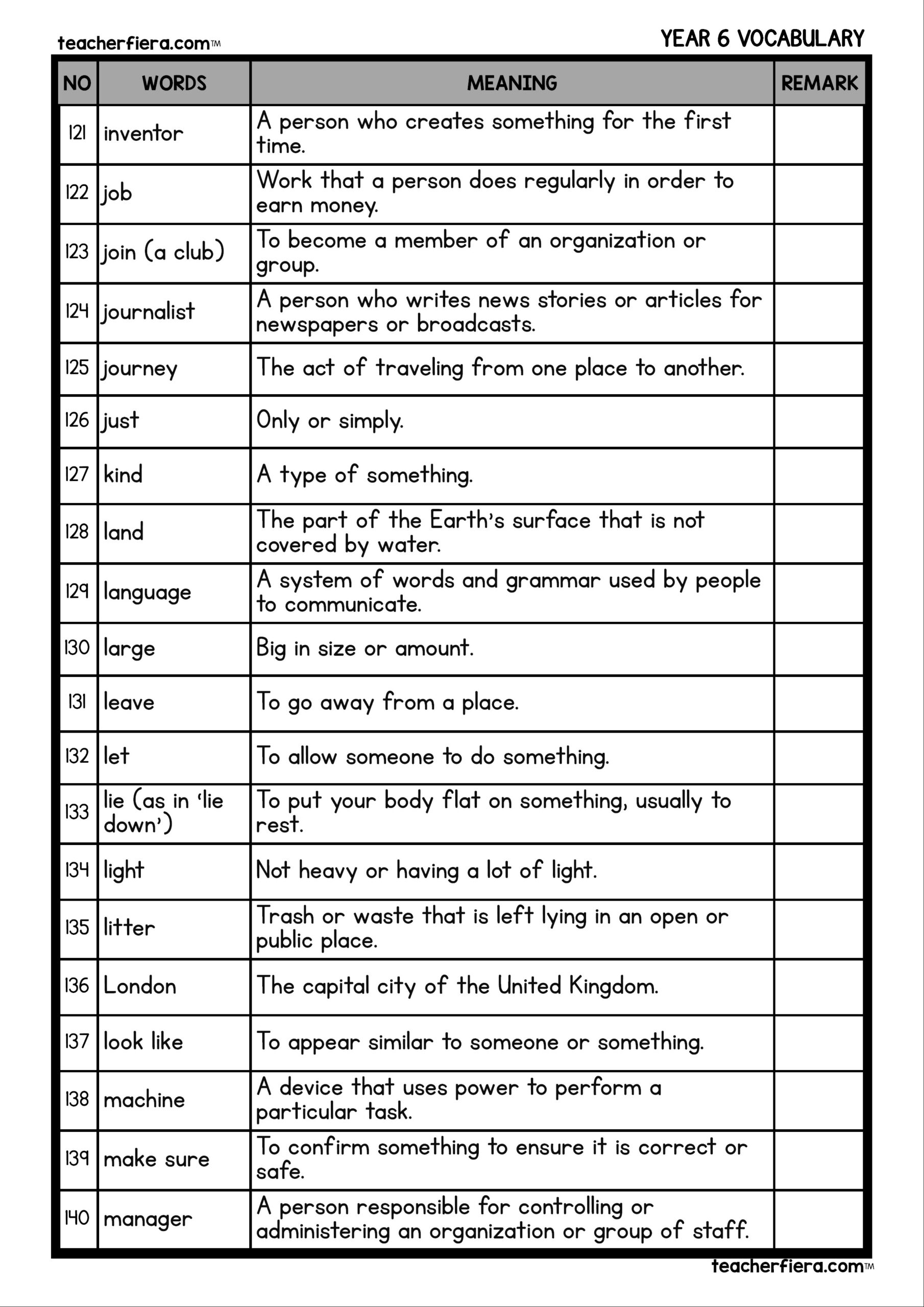 YEAR 6 VOCABULARY WORDS AND MEANING Teacherfiera