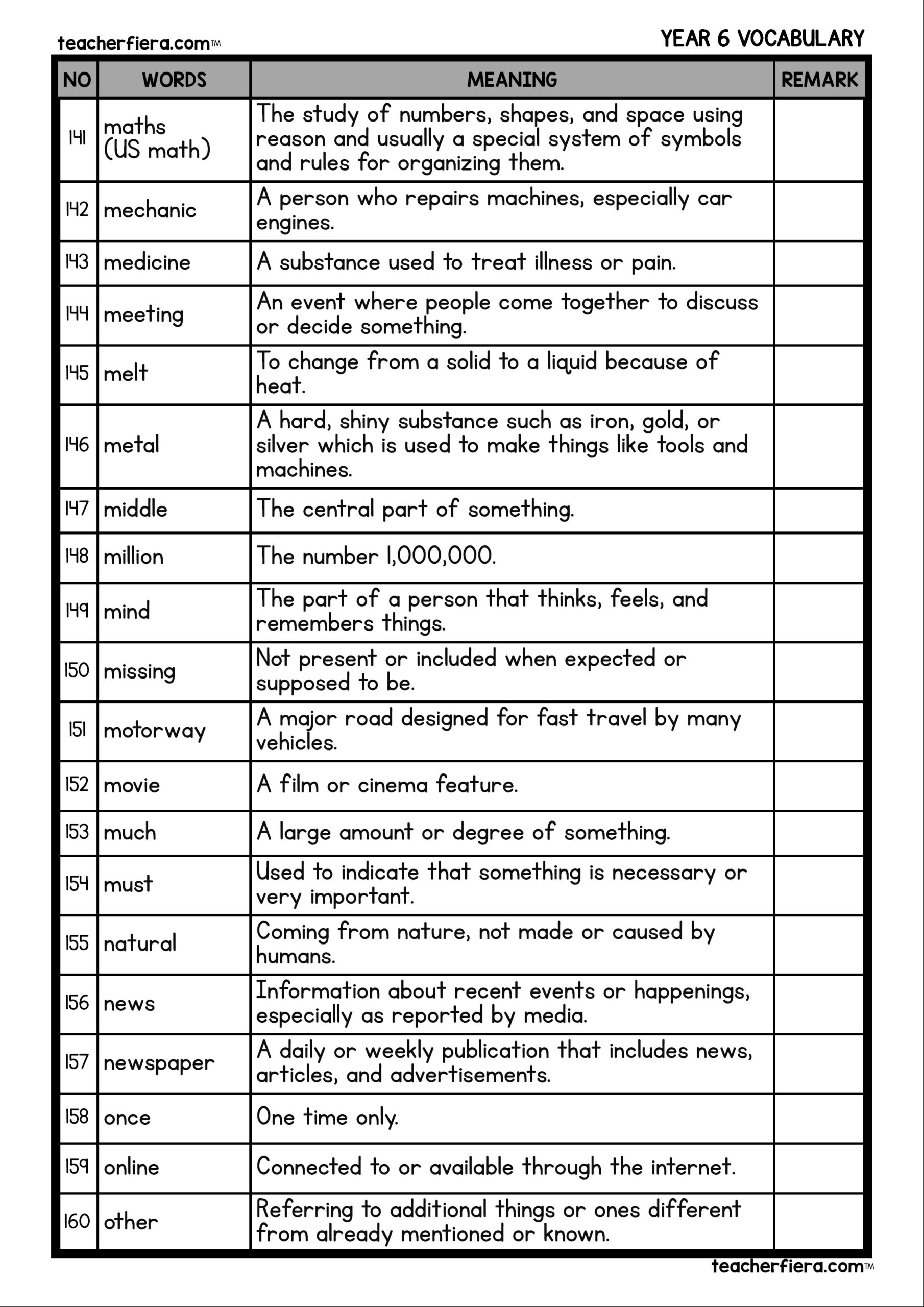 YEAR 6 VOCABULARY WORDS AND MEANING Teacherfiera