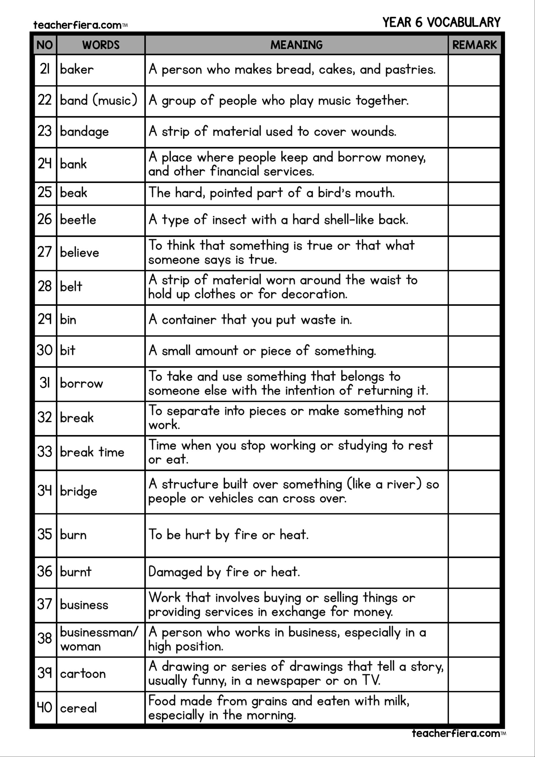 YEAR 6 VOCABULARY WORDS AND MEANING Teacherfiera