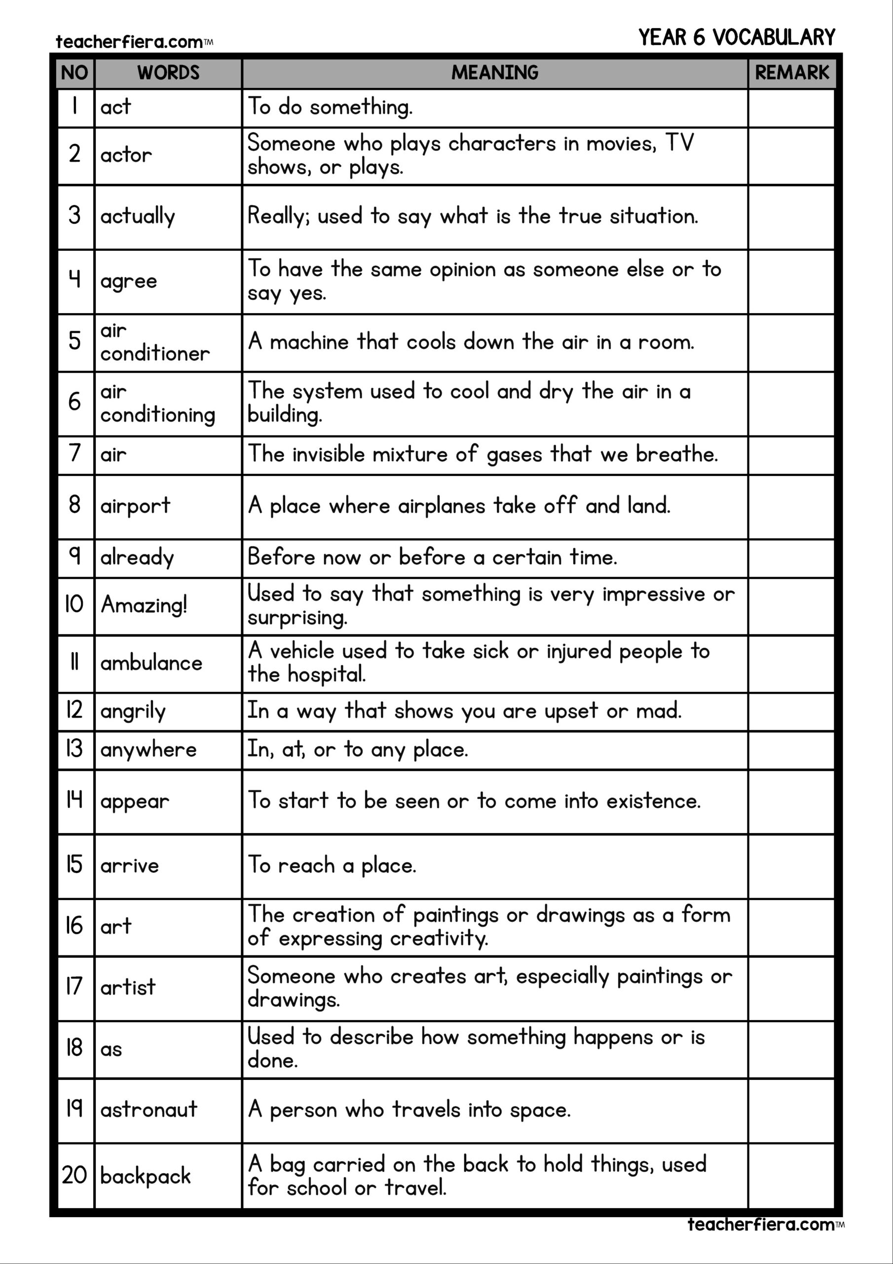 YEAR 6 VOCABULARY WORDS AND MEANING Teacherfiera